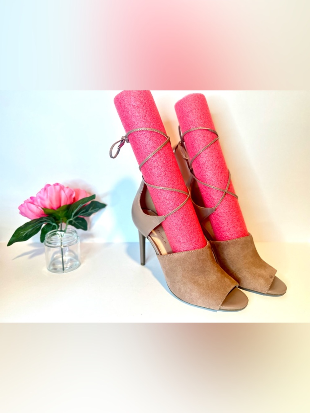 Marc Fisher Taupe Suede Peep-Toe Lace-Up Stilettos